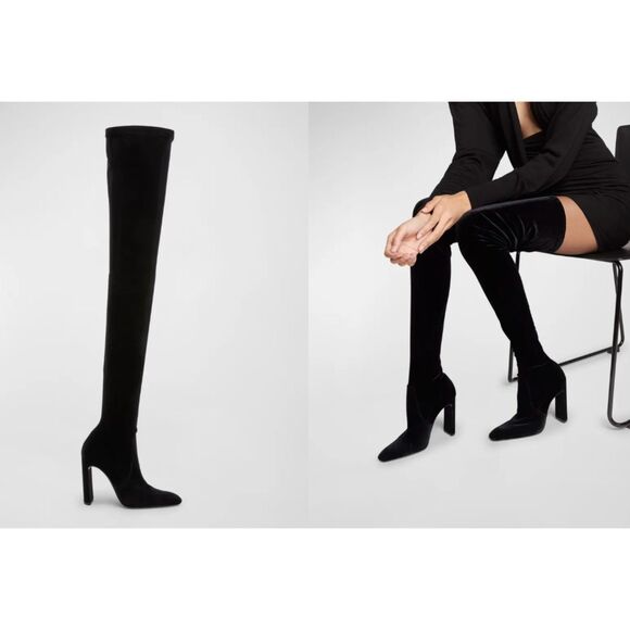 Saint Laurent Womens Black Auteuil Velvet Over-the-Knee Stilleto Boots Size 40.5 - Picture 1 of 6
